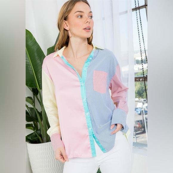 Color block striped button down long sleeve top - Picture 3 of 7